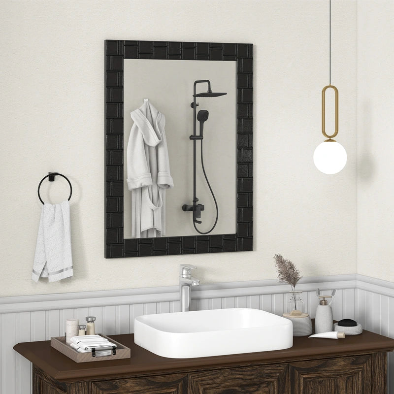 80 x 60 cm Wooden Framed Wall Mirror with Metal Hooks-Black