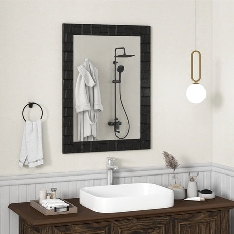 80 x 60 cm Wooden Framed Wall Mirror with Metal Hooks-Black