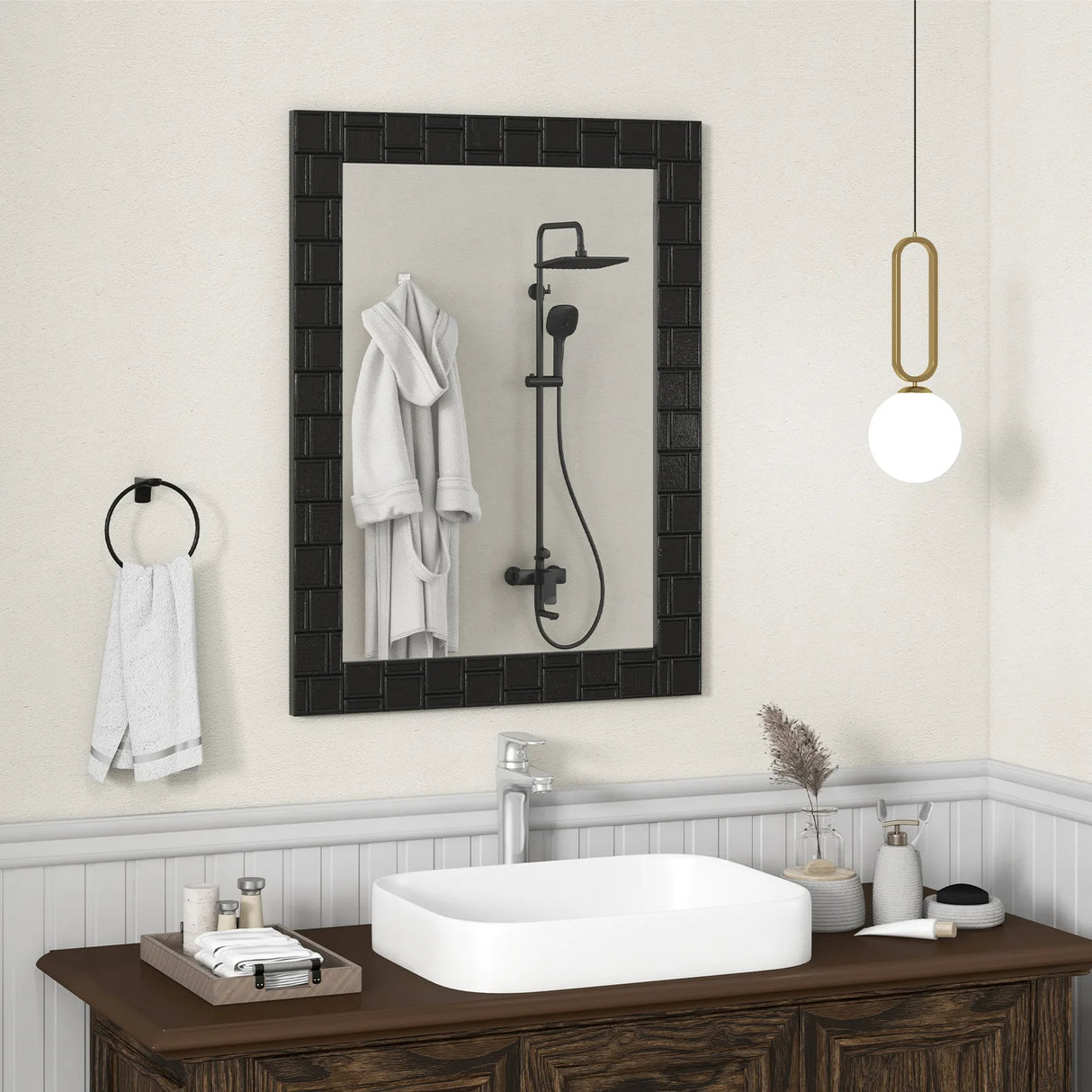80 x 60 cm Wooden Framed Wall Mirror with Metal Hooks-Black