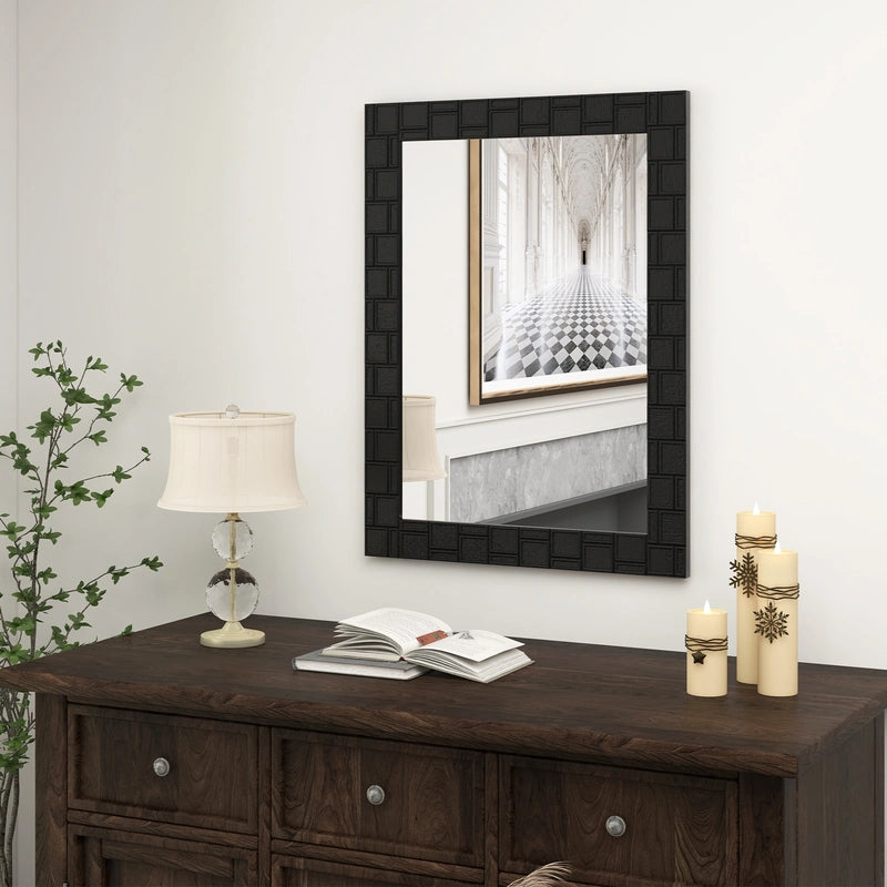 80 x 60 cm Wooden Framed Wall Mirror with Metal Hooks-Black