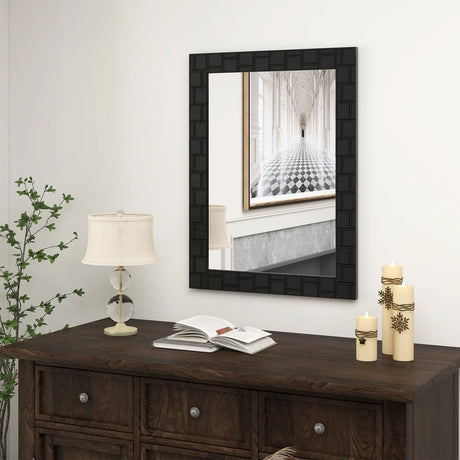 80 x 60 cm Wooden Framed Wall Mirror with Metal Hooks-Black
