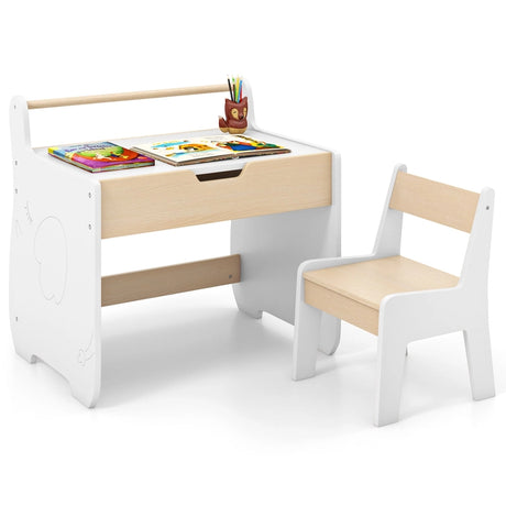 Kids Table and Chair Set with 2 in 1 Detachable Tabletop and Storage-White