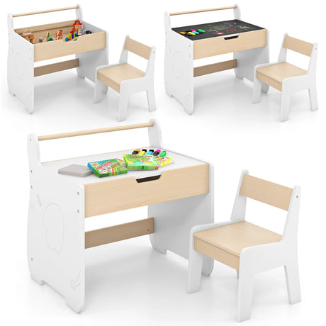 Kids Table and Chair Set with 2 in 1 Detachable Tabletop and Storage-White