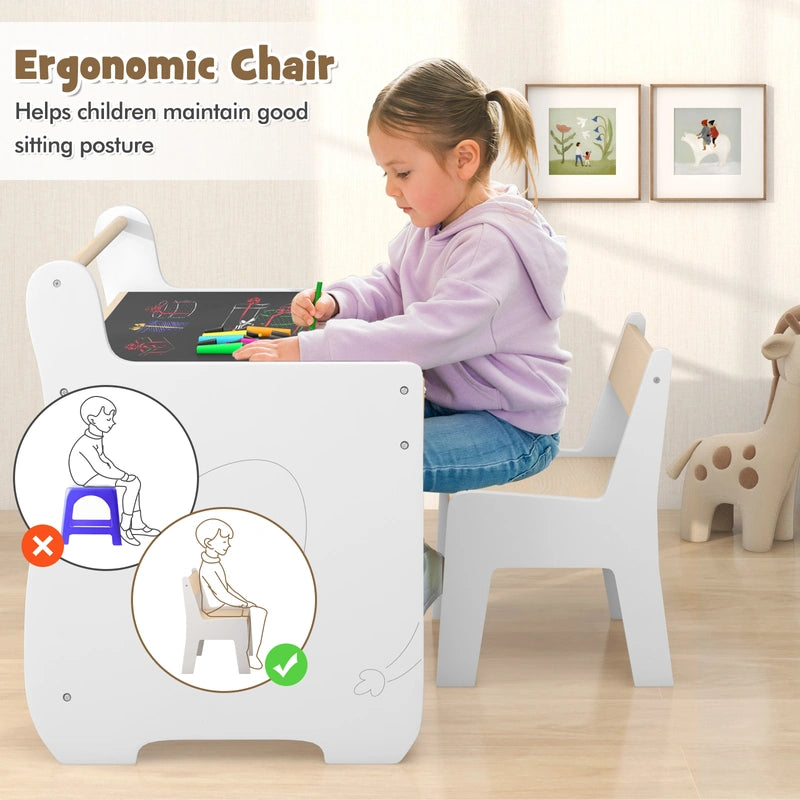 Kids Table and Chair Set with 2 in 1 Detachable Tabletop and Storage-White