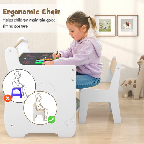 Kids Table and Chair Set with 2 in 1 Detachable Tabletop and Storage-White