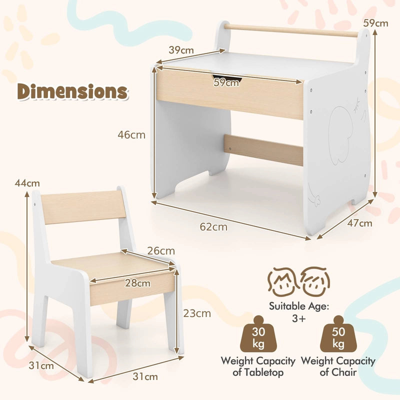 Kids Table and Chair Set with 2 in 1 Detachable Tabletop and Storage-White