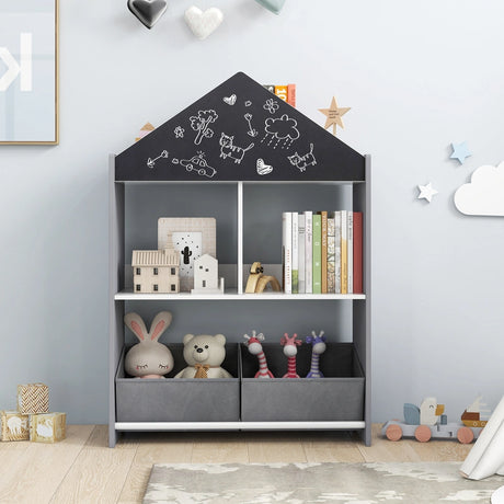 Playhouse Kids Bookshelf with Writable Chalkboard and Whiteboard-Grey