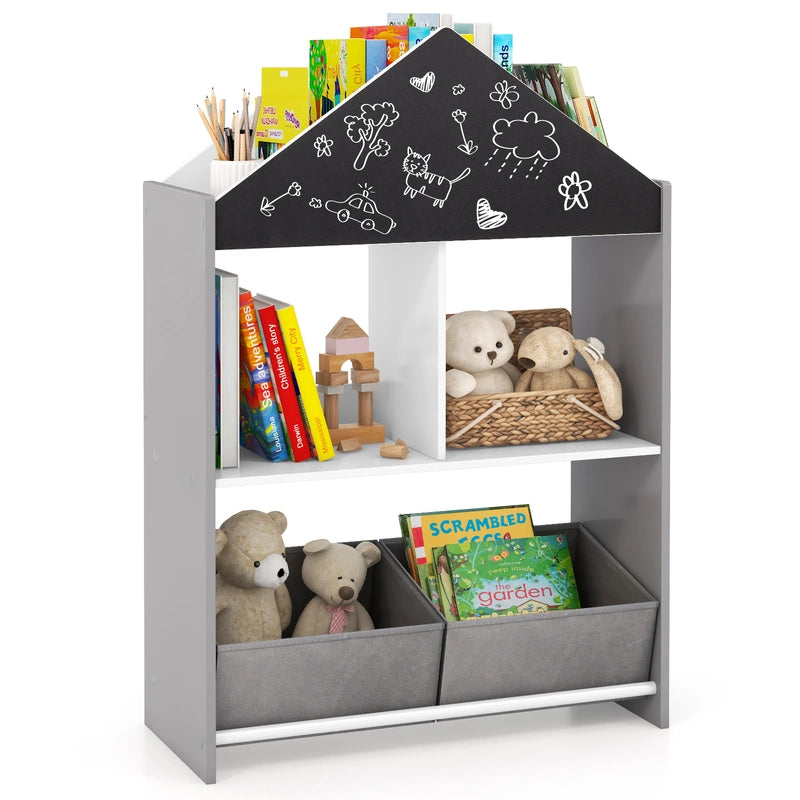 Playhouse Kids Bookshelf with Writable Chalkboard and Whiteboard-Grey