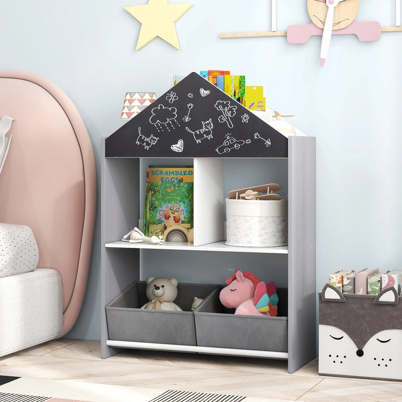 Playhouse Kids Bookshelf with Writable Chalkboard and Whiteboard-Grey