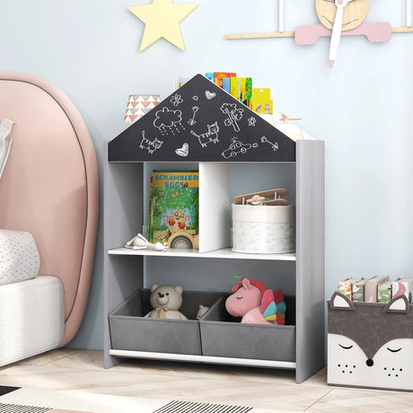Playhouse Kids Bookshelf with Writable Chalkboard and Whiteboard-Grey