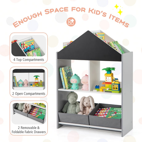 Playhouse Kids Bookshelf with Writable Chalkboard and Whiteboard-Grey
