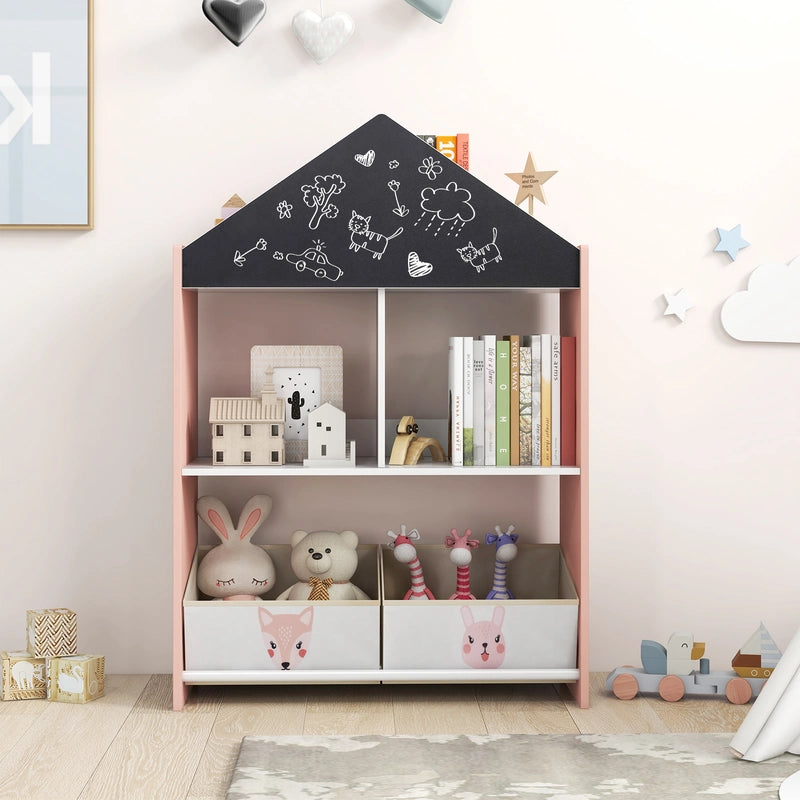 Playhouse Kids Bookshelf with Writable Chalkboard and Whiteboard-Pink