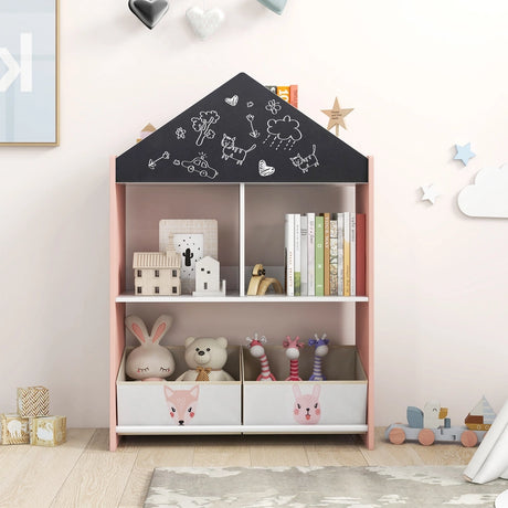 Playhouse Kids Bookshelf with Writable Chalkboard and Whiteboard-Pink