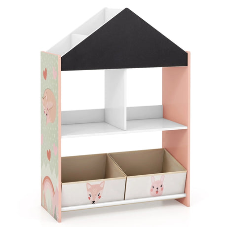 Playhouse Kids Bookshelf with Writable Chalkboard and Whiteboard-Pink