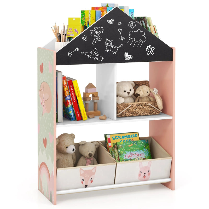 Playhouse Kids Bookshelf with Writable Chalkboard and Whiteboard-Pink