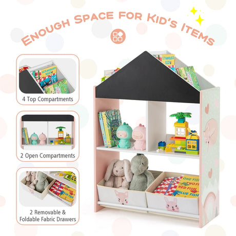 Playhouse Kids Bookshelf with Writable Chalkboard and Whiteboard-Pink