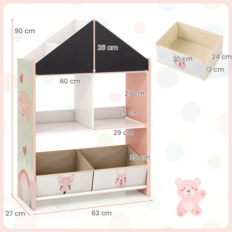 Playhouse Kids Bookshelf with Writable Chalkboard and Whiteboard-Pink