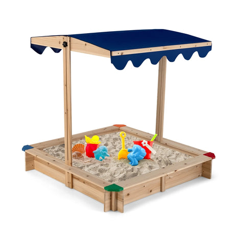 Kids Wooden Sandbox with Height Adjustable and Rotatable Canopy Outdoor Playset