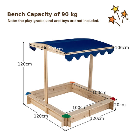 Kids Wooden Sandbox with Height Adjustable and Rotatable Canopy Outdoor Playset