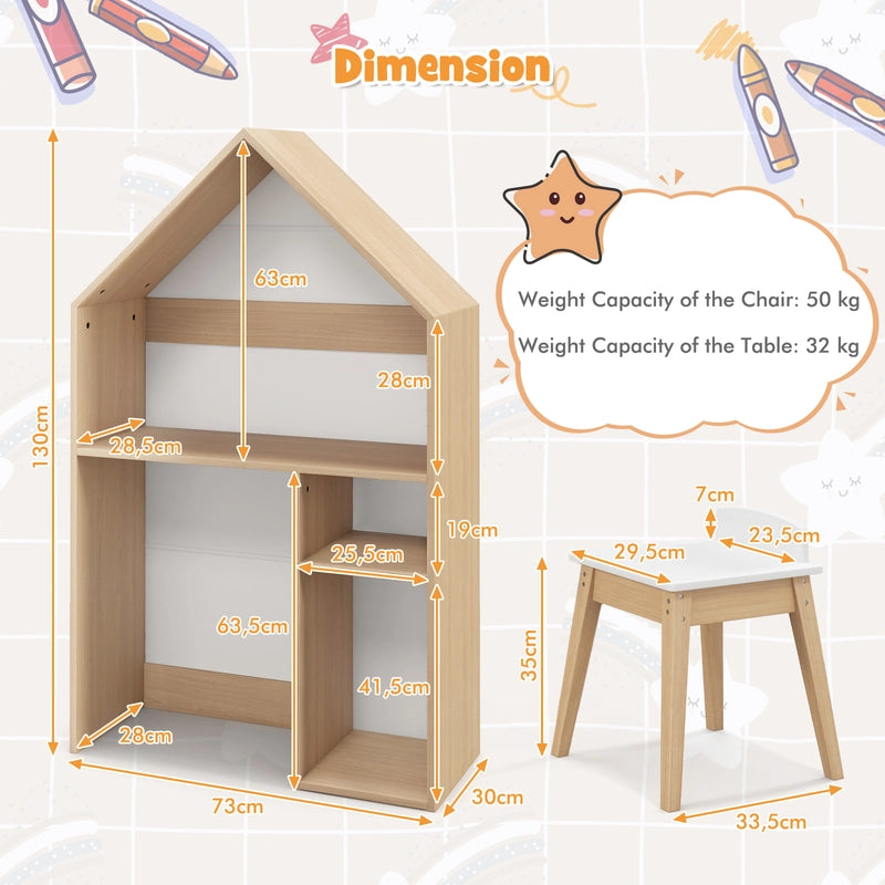 Wooden Kids Table and Chair Set House-Shaped with Blackboard-White