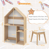 Wooden Kids Table and Chair Set House-Shaped with Blackboard-White