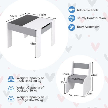 4-in-1 Wooden Activity Kids Table and Chairs with Storage and Detachable Blackboard-Gray