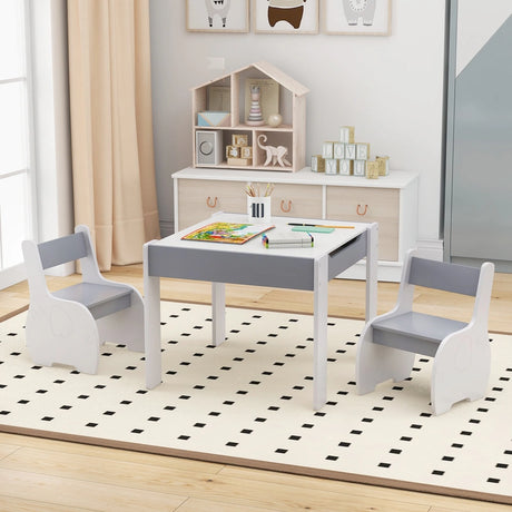 4-in-1 Wooden Activity Kids Table and Chairs with Storage and Detachable Blackboard-Gray