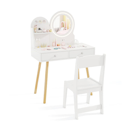 Kids Princess Makeup Dressing Desk and Chair Set with Mirror and Lights-White