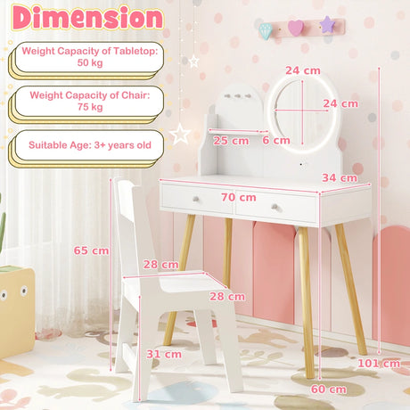 Kids Princess Makeup Dressing Desk and Chair Set with Mirror and Lights-White