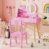Kids Princess Makeup Dressing Desk and Chair Set with Mirror and Lights-Pink