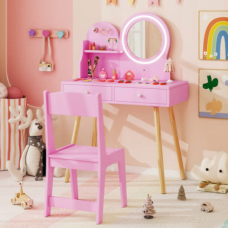 Kids Princess Makeup Dressing Desk and Chair Set with Mirror and Lights-Pink