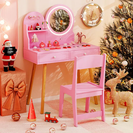 Kids Princess Makeup Dressing Desk and Chair Set with Mirror and Lights-Pink