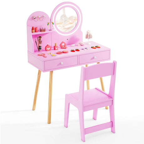 Kids Princess Makeup Dressing Desk and Chair Set with Mirror and Lights-Pink