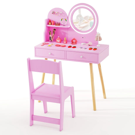 Kids Princess Makeup Dressing Desk and Chair Set with Mirror and Lights-Pink
