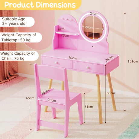 Kids Princess Makeup Dressing Desk and Chair Set with Mirror and Lights-Pink