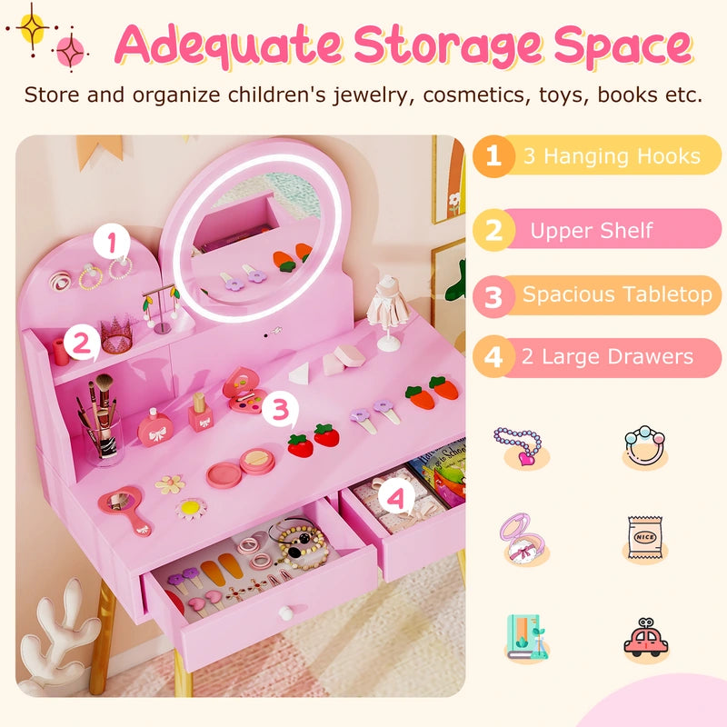 Kids Princess Makeup Dressing Desk and Chair Set with Mirror and Lights-Pink