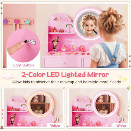 Kids Princess Makeup Dressing Desk and Chair Set with Mirror and Lights-Pink