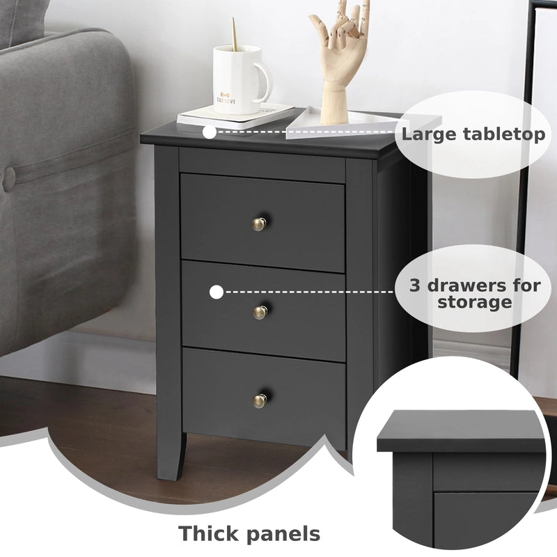 Nightstand End Beside Table Drawers Modern Storage Bedroom Furniture-Black