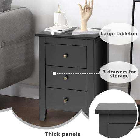 Nightstand End Beside Table Drawers Modern Storage Bedroom Furniture-Black