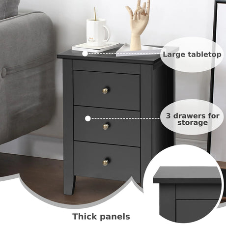 Nightstand End Beside Table Drawers Modern Storage Bedroom Furniture-Black