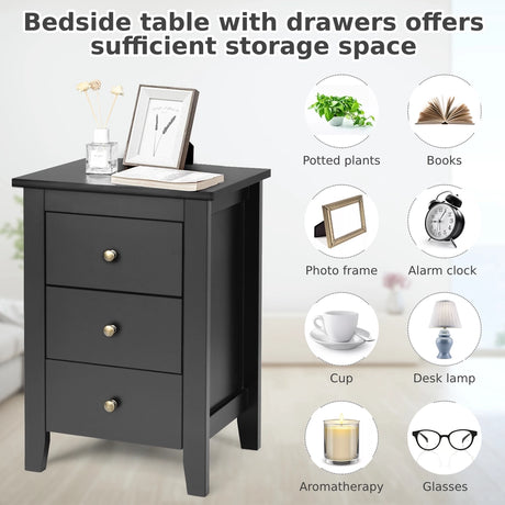 Nightstand End Beside Table Drawers Modern Storage Bedroom Furniture-Black