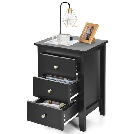 Nightstand End Beside Table Drawers Modern Storage Bedroom Furniture-Black