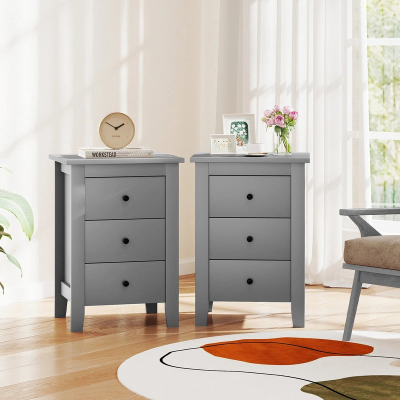 Wooden Nightstand with 3 Drawers and Stable Structure-Grey