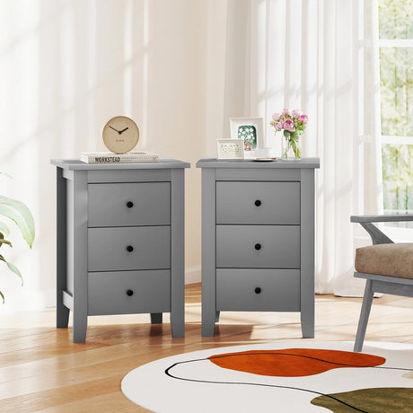 Wooden Nightstand with 3 Drawers and Stable Structure-Grey