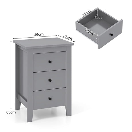 Wooden Nightstand with 3 Drawers and Stable Structure-Grey