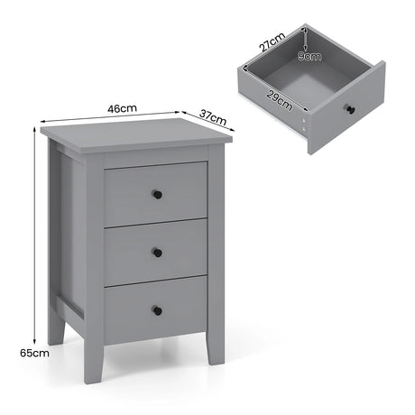 Wooden Nightstand with 3 Drawers and Stable Structure-Grey