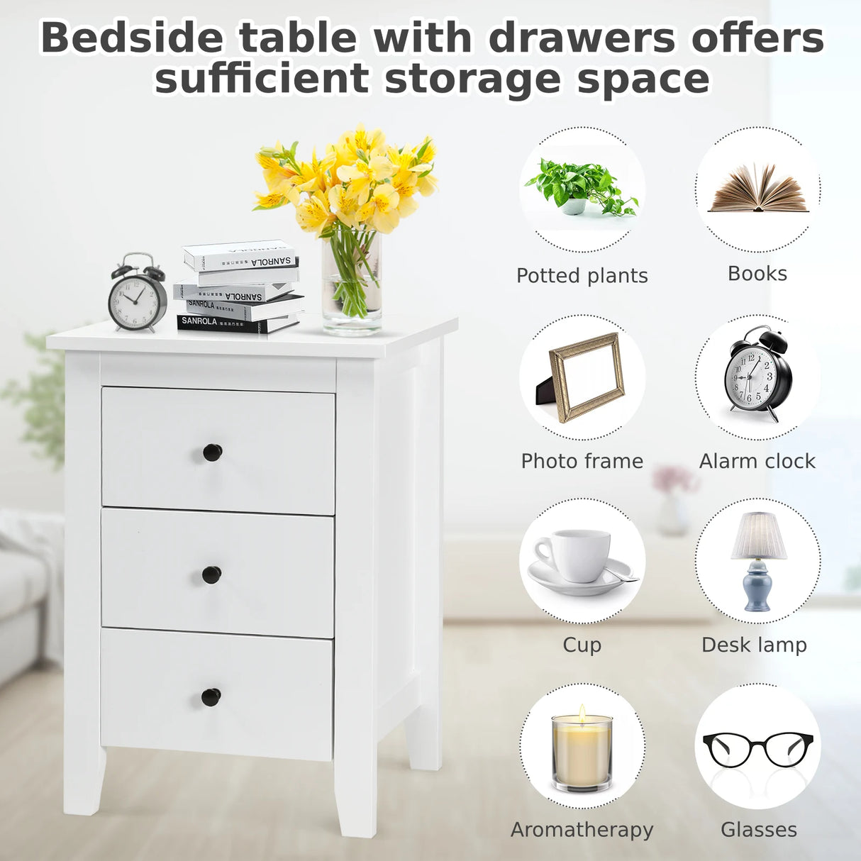 Nightstand End Beside Table Drawers Modern Storage Bedroom Furniture