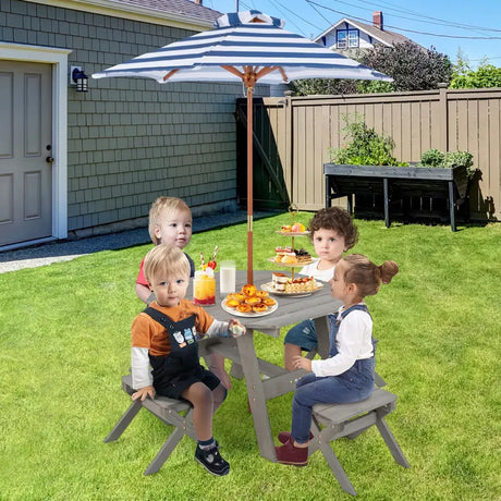 Kids Picnic Table with 4 Chairs and Adjustable Umbrella for Patio Garden Backyard-Grey