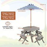 Kids Picnic Table with 4 Chairs and Adjustable Umbrella for Patio Garden Backyard-Grey