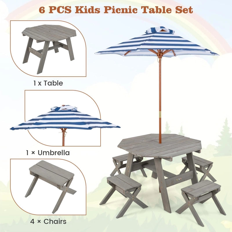 Kids Picnic Table with 4 Chairs and Adjustable Umbrella for Patio Garden Backyard-Grey